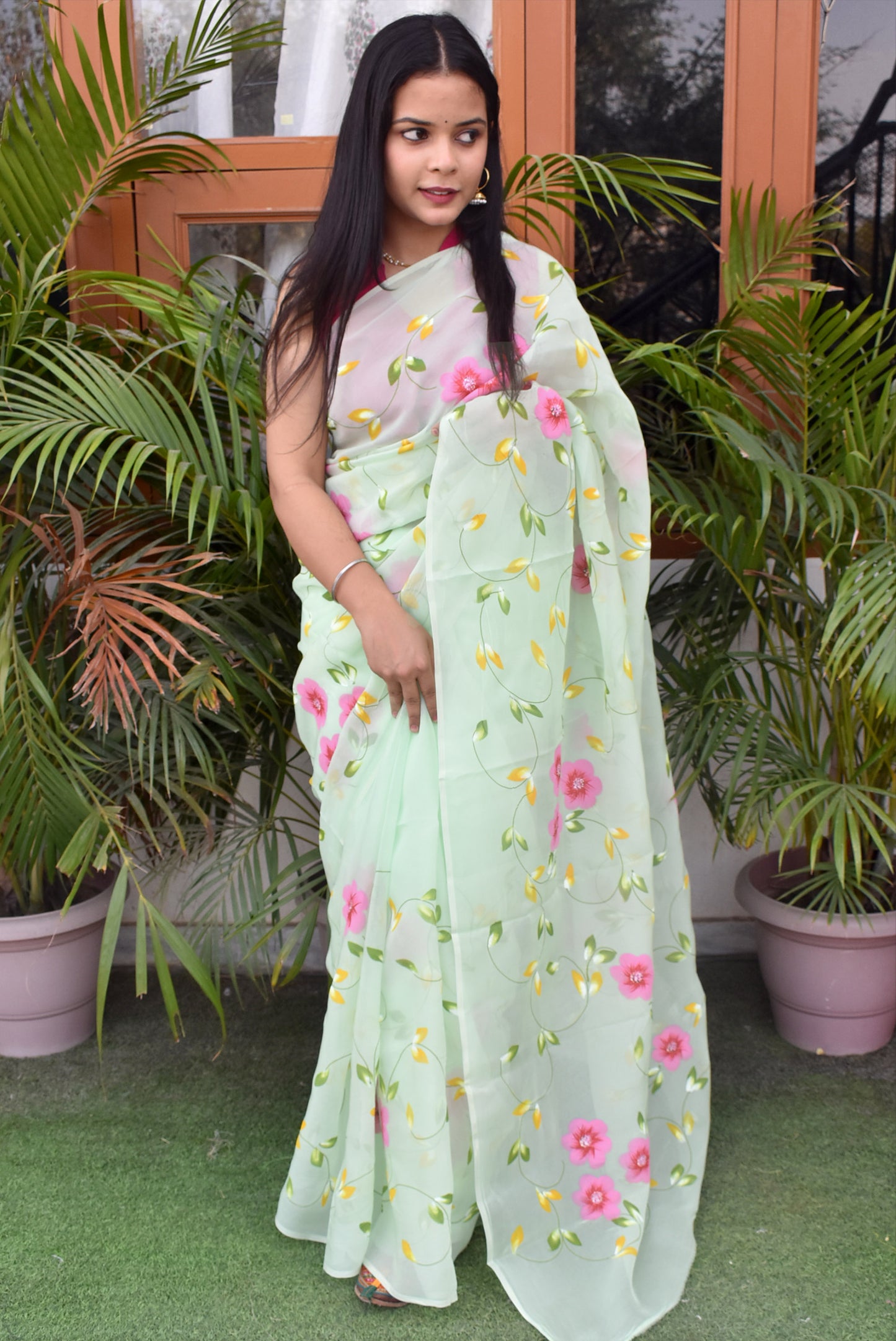 Prakriti : Beautiful Organza Saree with Hand Painted Floral Motifs
