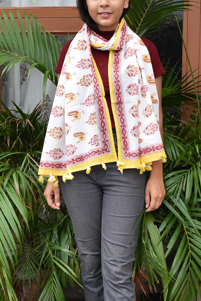 Elegant Hand block printed Cotton stole with cloth tassels