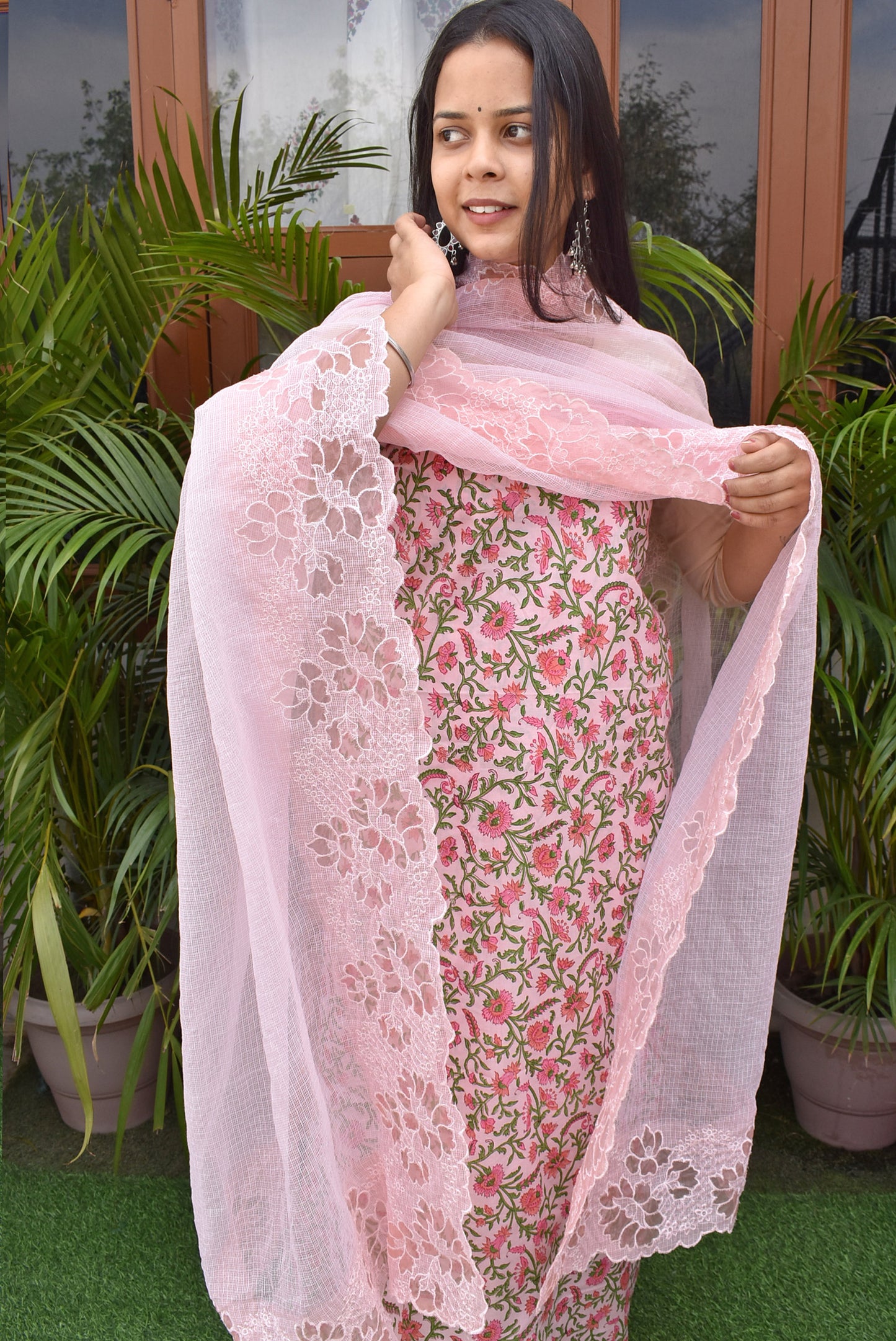 Beautiful Cotton Unstitched Suit Fabric with Block Print with a Cutwork & Embroidery dupatta & cotton bottom