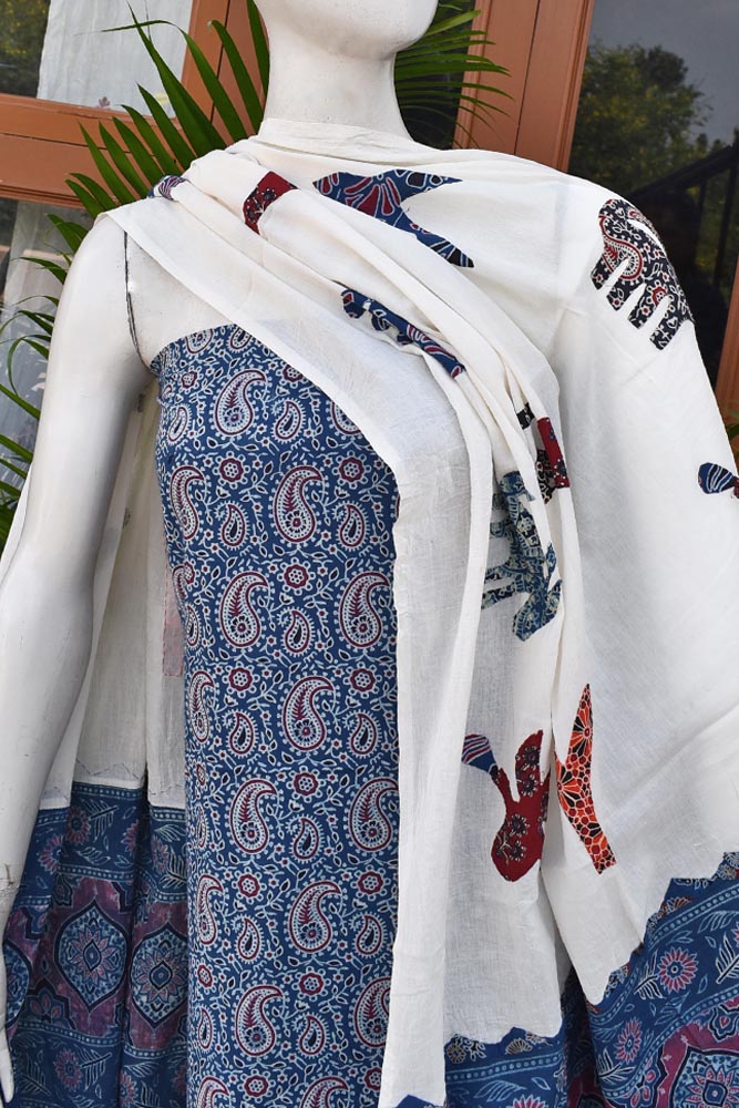 Beautiful Ajrakh kurta fabric with Hand Patch work dupatta