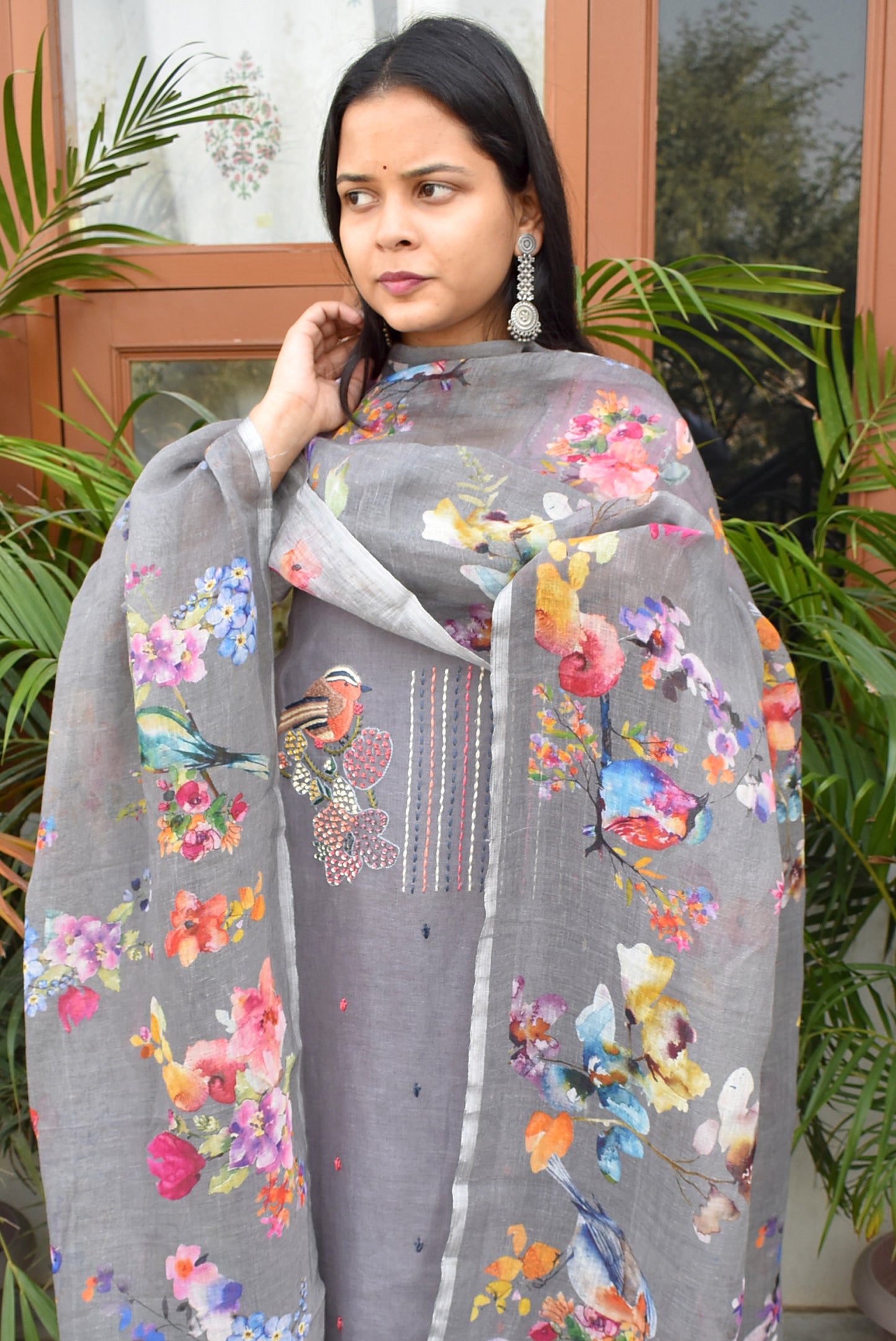 Dhairya : Beautiful Pure Linen suit with Digital print , intricate embroidery and cotton silk bottom