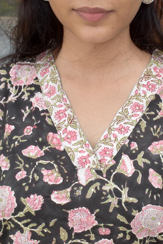 Hand Block Printed Cotton suit with Hand Embroidery - Kurta , Kota Dupatta & Pant - size 36, 38, 40, 42, 44