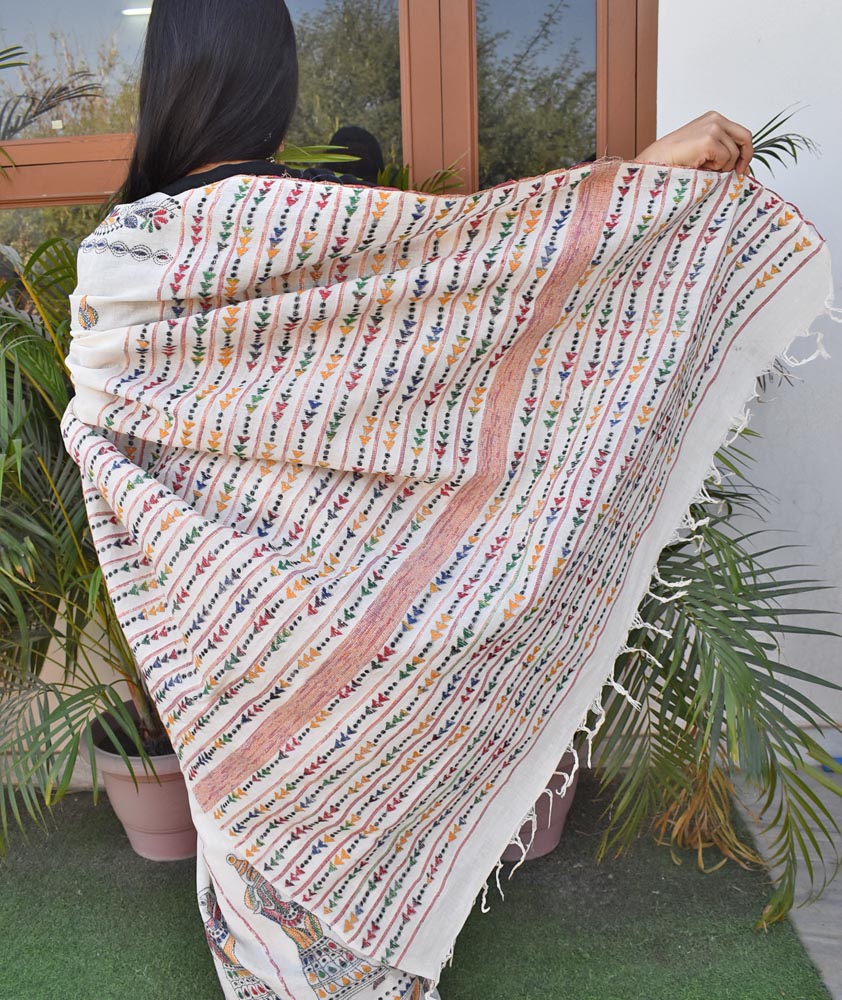 Elegant Handwoven Khesh Cotton Saree with Hand Kantha work