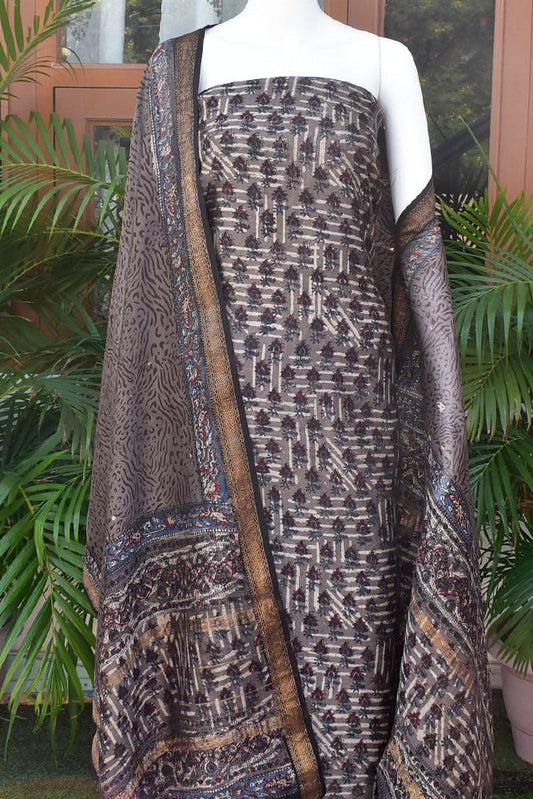 Premium Maheshwari Silk Cotton suits with Jahota Block Print & Woven Zari Borders - 3 pc set