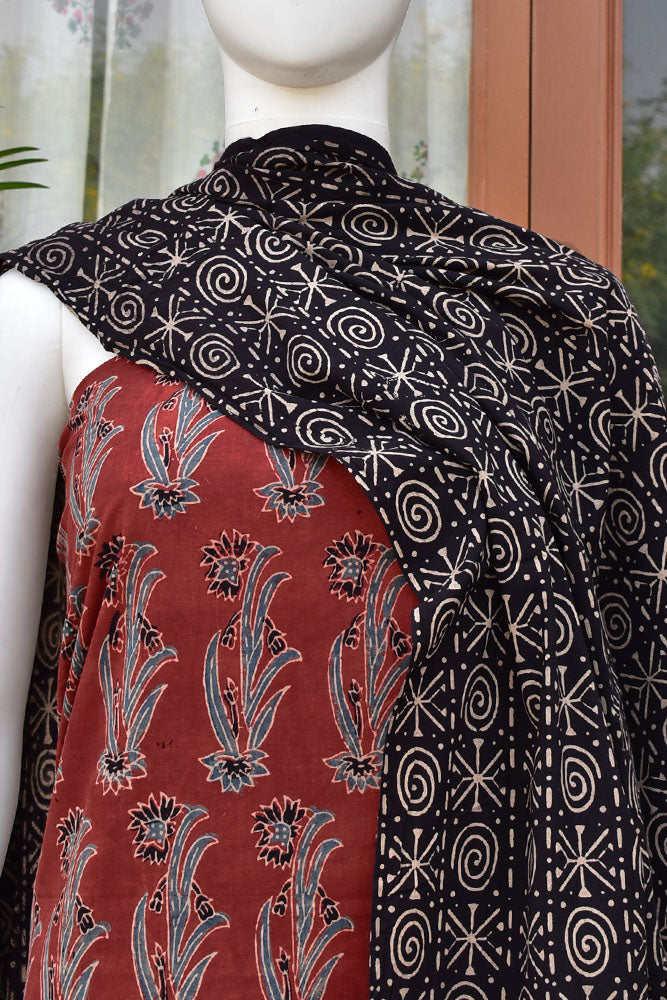 Beautiful Hand Block Printed Ajrakh Cotton Kurta fabric & Dupatta set