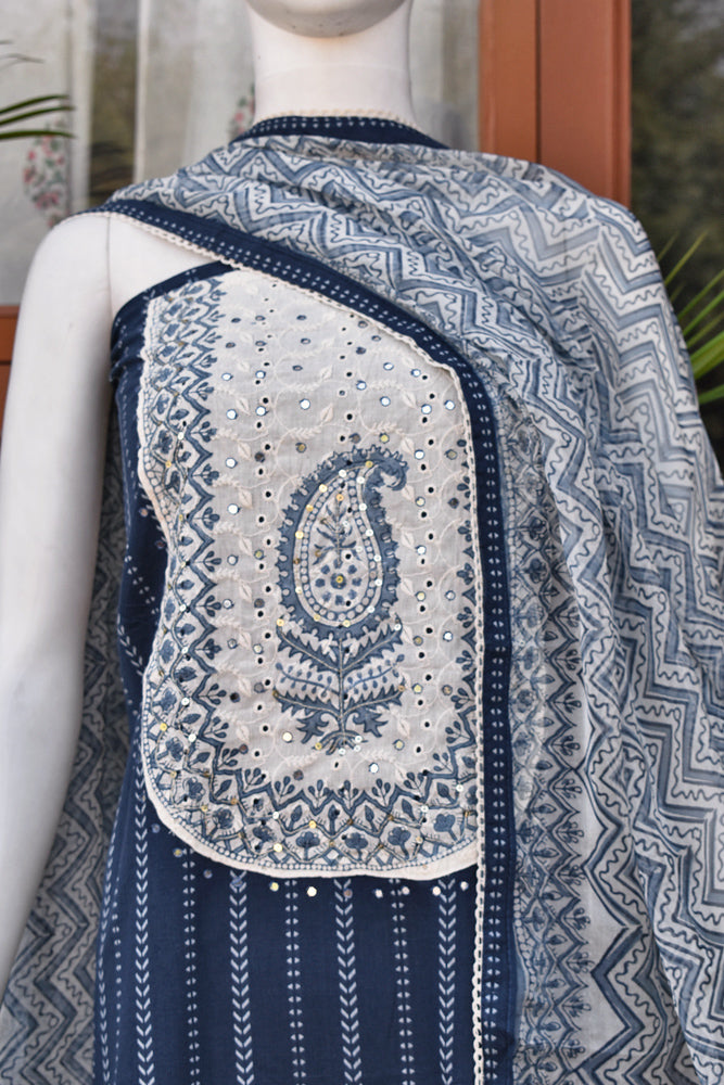 Designer Cotton suit with Embroidery & Chiffon Dupatta