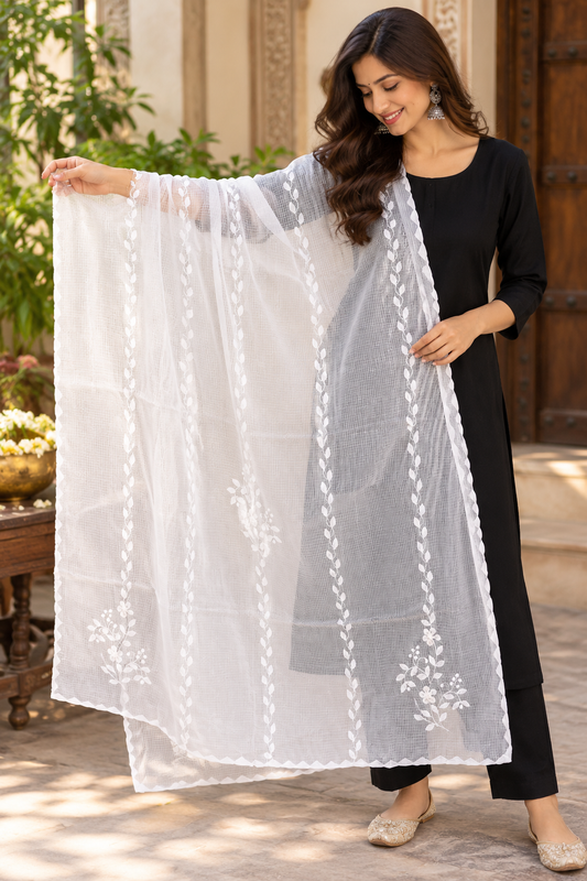 Handcrafted Phool Patti Applique & Hand Crochet work Kota cotton dupatta