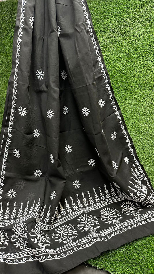 Elegant Black and White Cotton Saree with Hand Chikankari work with Bootis & Heavy Palla