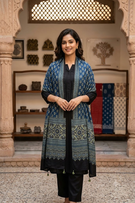 Beautiful Hand Block Printed Ajrakh Modal Silk stole with Tassels