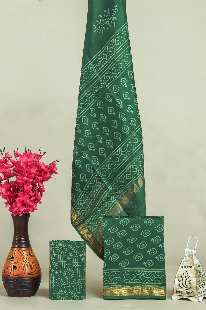 Beautiful Hand Block Printed  Maheshwari Silk Cotton Unstitched suit fabric - 3 pc set
