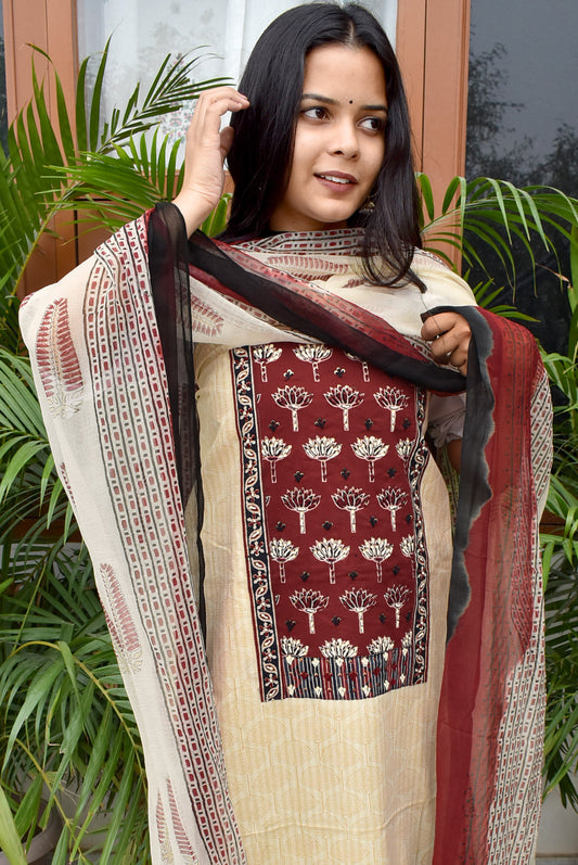 Premium Cotton Unstitched Suit with Ajrakh patch, Intricate Hand Embroidery & Block printed Chiffon dupatta