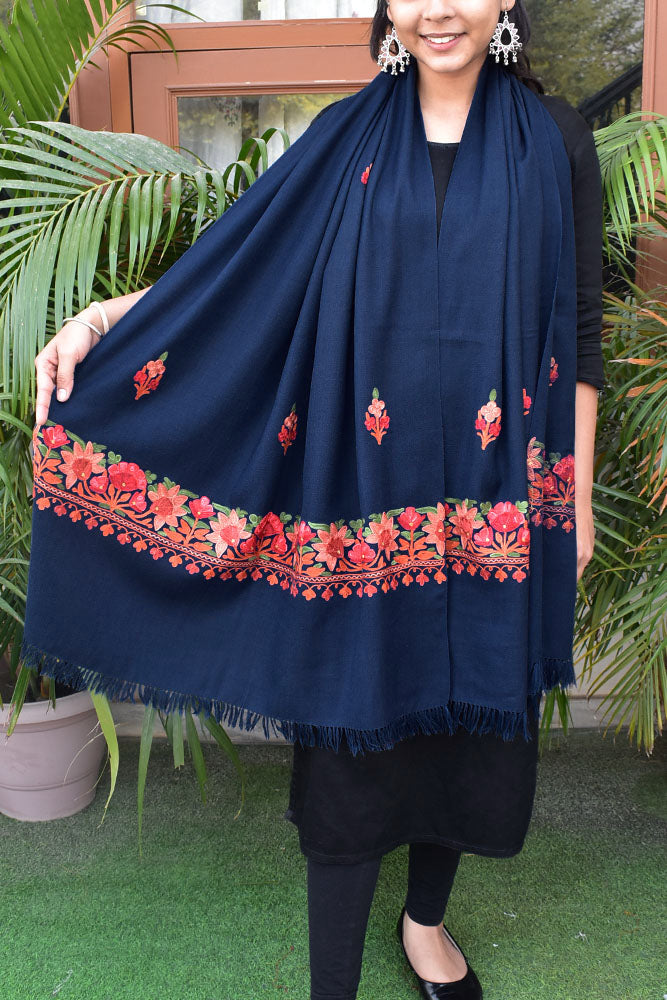 Elegant, Fine & Soft Semi Pashmina Woolen Stole with Aari work Embroidery
