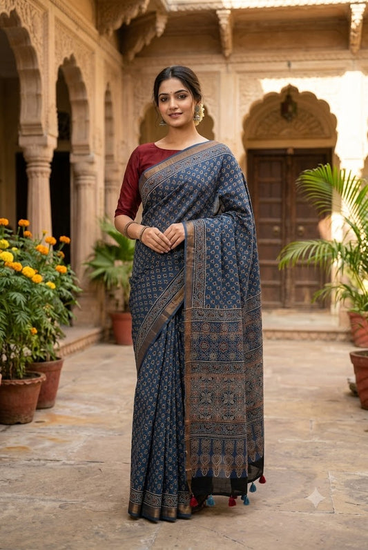 Elegant & Earthy Hand Block Printed Ajrakh Maheshwari Saree