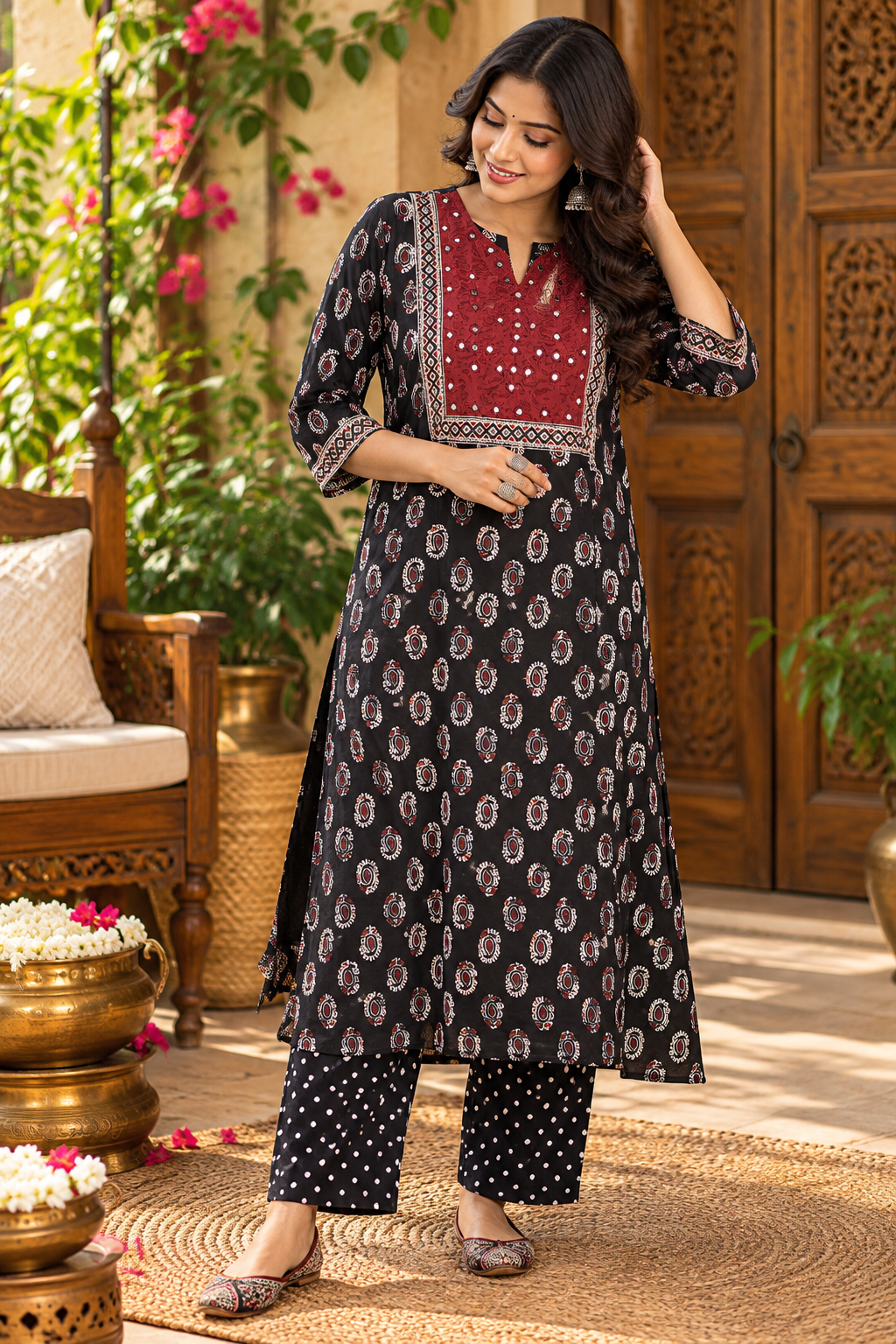 Designer Ajrakh Modal Silk Kurta & Pant With Mirror Work - Size 40 to 46 ( all sizes)