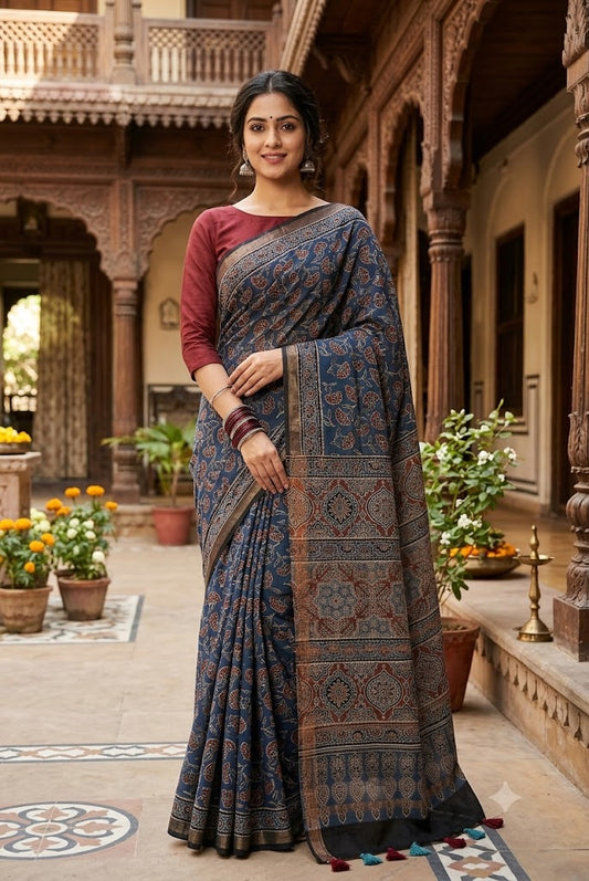 Elegant & Earthy Hand Block Printed Ajrakh Maheshwari Saree