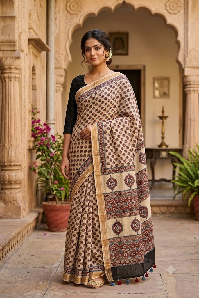 Elegant & Earthy Hand Block Printed Ajrakh Maheshwari Saree