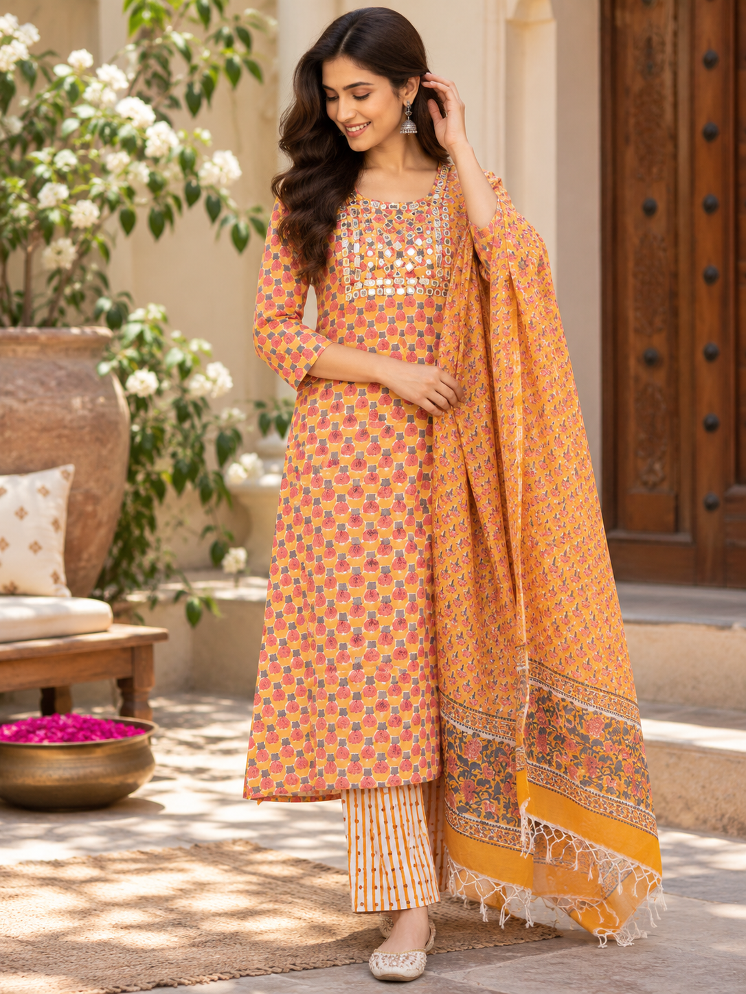 Hand Block Printed Cotton suit with Mirror Work & kota dupatta - Kurta , Dupatta & Pant - size 40