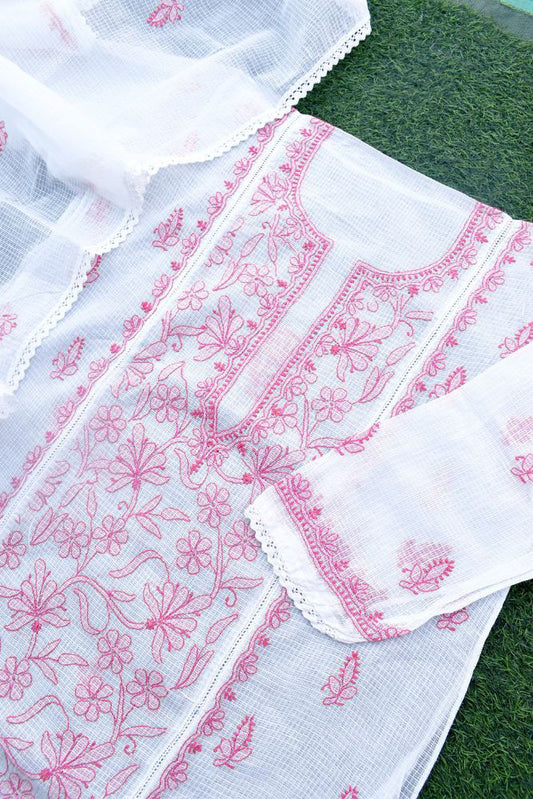 Elegant Kota Kurta & Dupatta Set with intricate Lucknowi Hand Chikankari embroidery - thread color pink