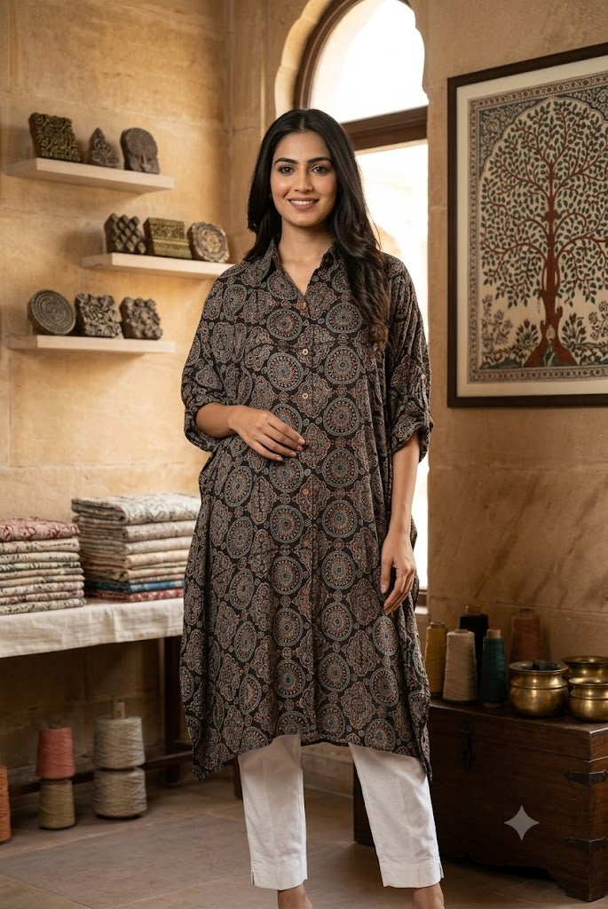 Beautiful Ajrakh Modal Silk Kaftan