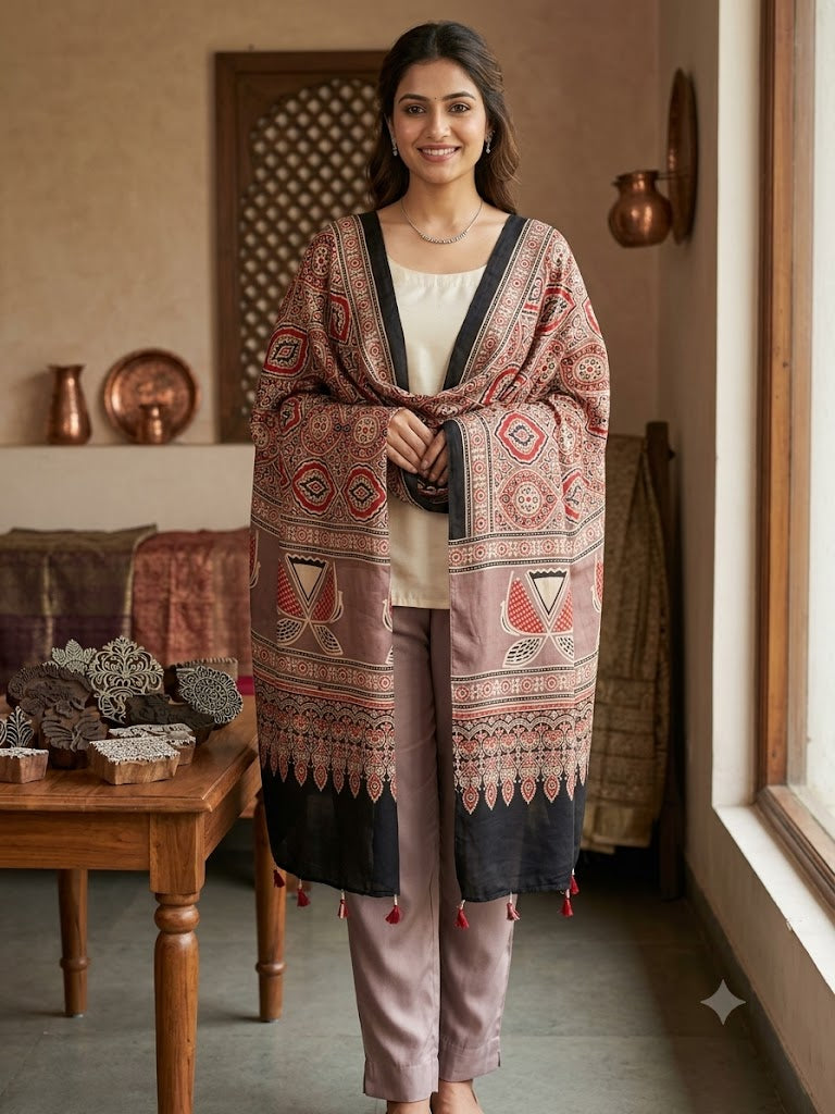 Beautiful Hand Block Printed Ajrakh Modal Silk stole with Tassels