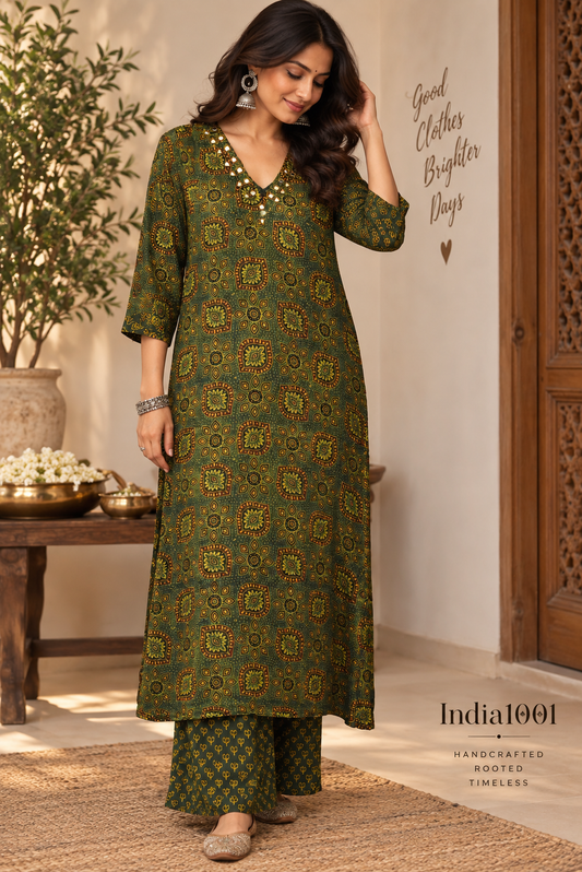 Designer Ajrakh Modal Silk Kurta & Pant With Mirror Work - Size 40 to 46 ( all sizes)