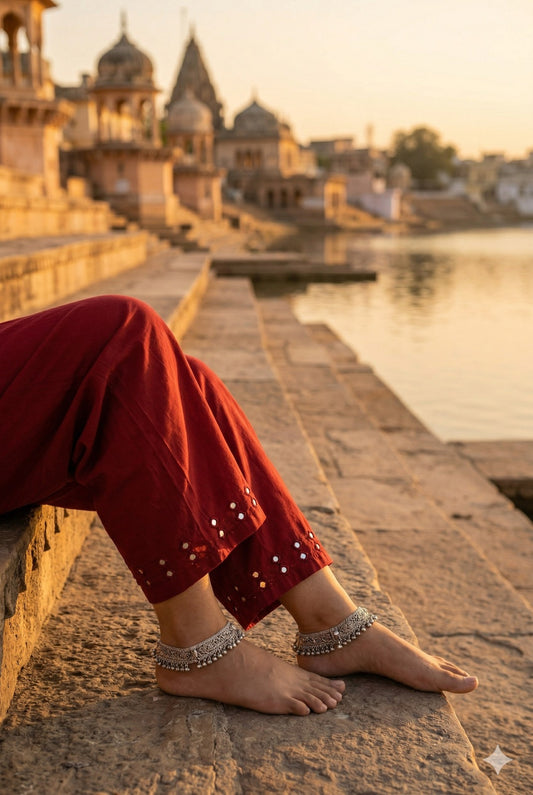 Elegant Cotton Pant With Kutch Mirror Work - Maroon  (Size - 38 - 46)