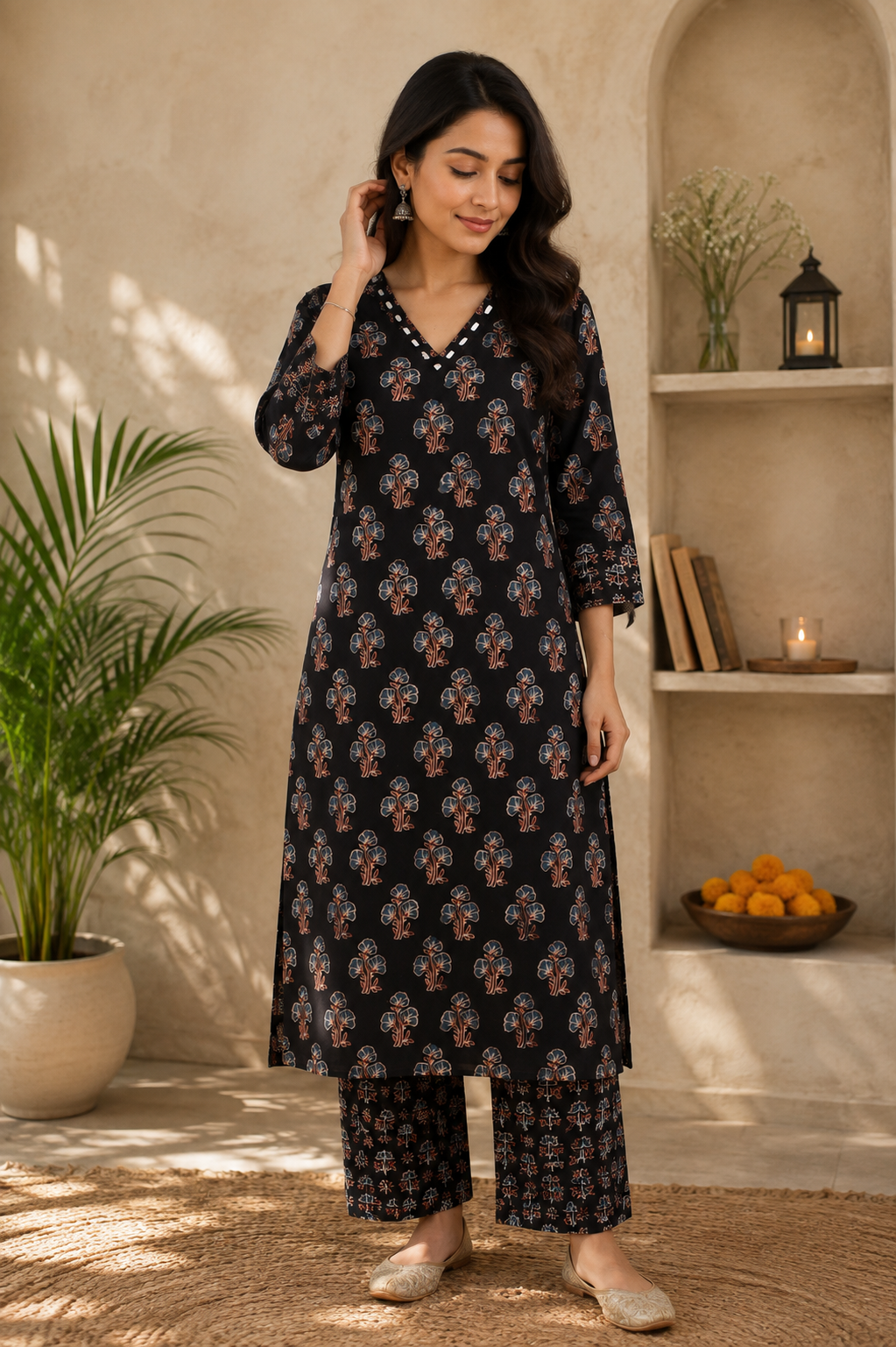 Designer Ajrakh cotton Kurta & Pant With Mirror Work - Size 40 to 44 ( all sizes)