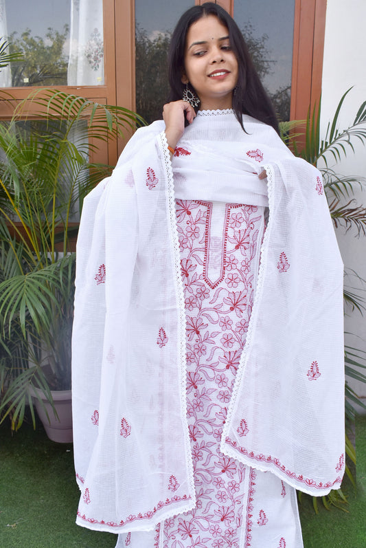 Elegant Kota Kurta & Dupatta Set with intricate Lucknowi Hand Chikankari embroidery - thread color - Maroon