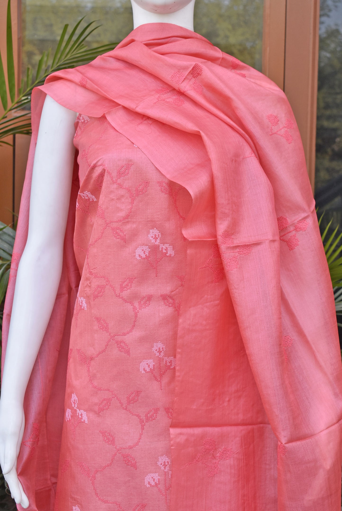 Elegant Tussar Silk Unstitched suit with Embroidered Kurta and Dupatta & blended silk bottom
