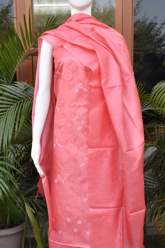 Elegant Tussar Silk Unstitched suit with Embroidered Kurta and Dupatta & blended silk bottom