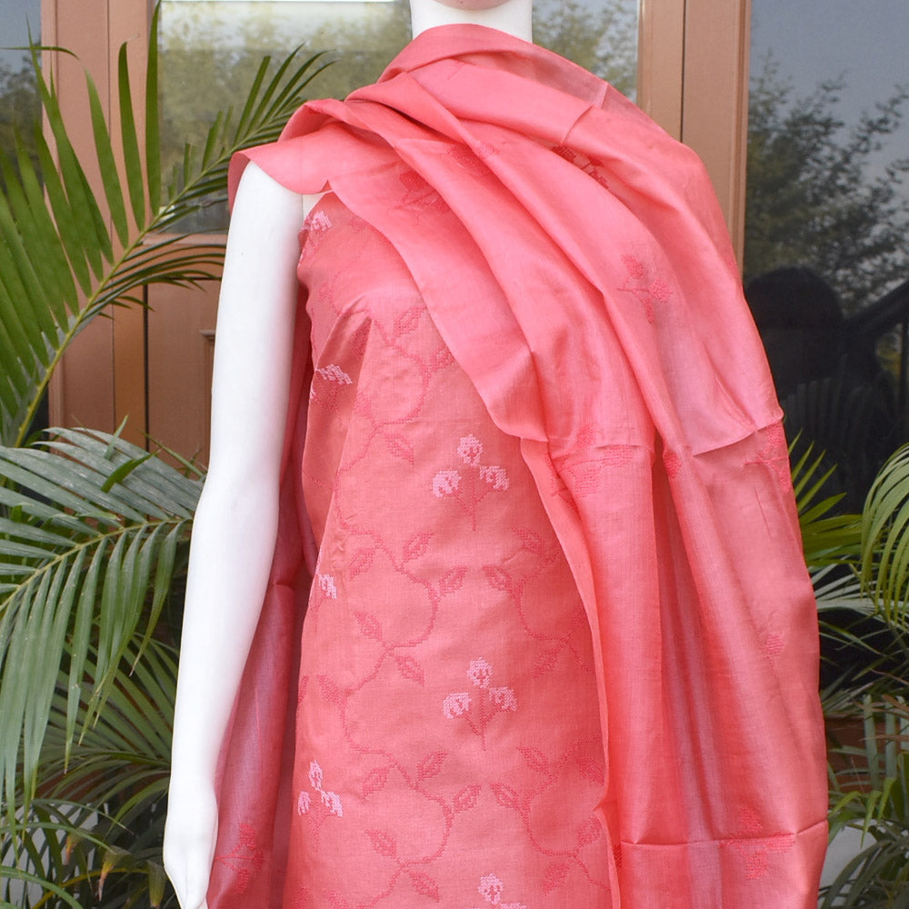 Elegant Tussar Silk Unstitched suit with Embroidered Kurta and Dupatta & blended silk bottom