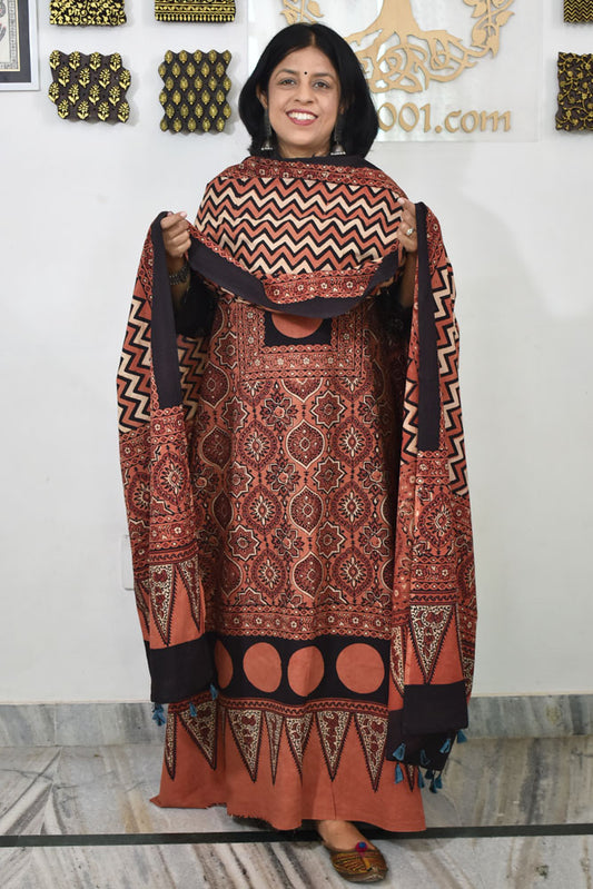 Block Print Ajrakh Cotton Suit with designer Ajrakh neck yoke /panel & Dupatta