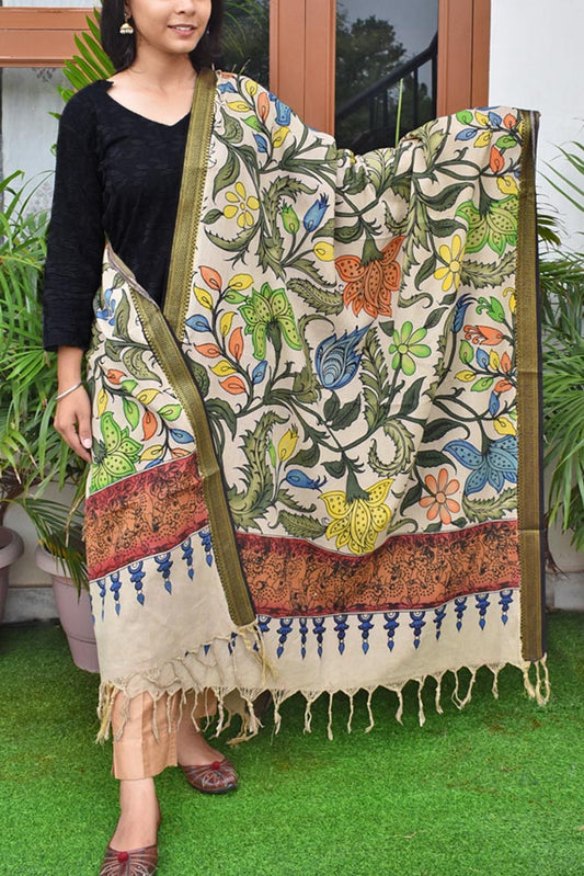 Beautiful Mangalgiri Cotton Pen Kalamkari Dupatta