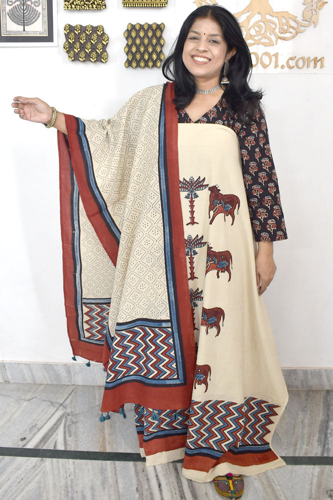 Designer Ajrakh Cotton kurta with Stole & Cotton Bottom - 3 piece set