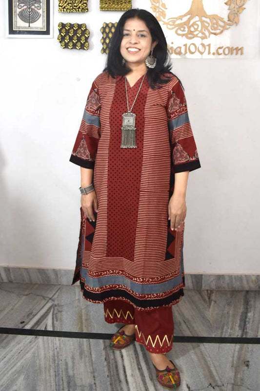 Designer Hand Block Printed Ajrakh cotton Kurta / Dress - Size 36 to 48( all sizes)