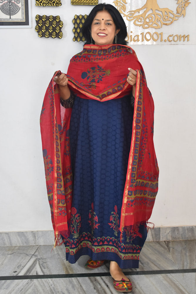 Elegant Hand Block print cotton suit with Schiffli work & Chanderi dupatta