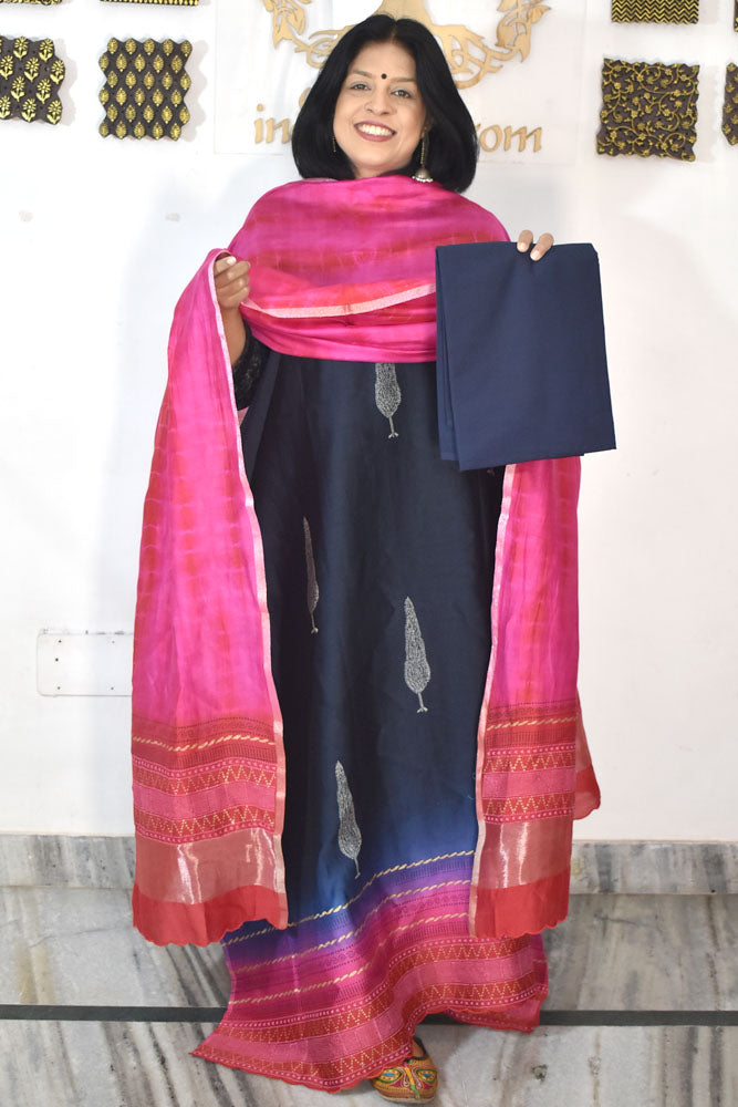 Beautiful Hand Block Printed Maheshwari Silk Cotton Unstitched suit fabric