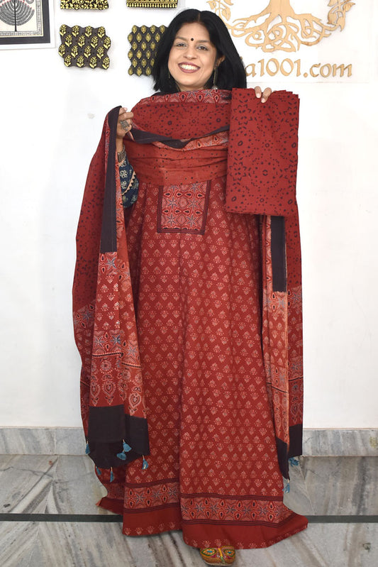 Designer Ajrakh Cotton Unstitched suit with  panel design, Ajrakh Dupatta & Bottom- 3 piece set