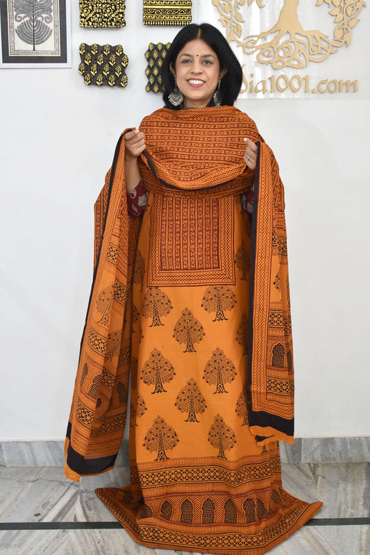 Bagh Hand Block Printed unstitched 3 pc Cotton suit fabric with Placement block print from MP