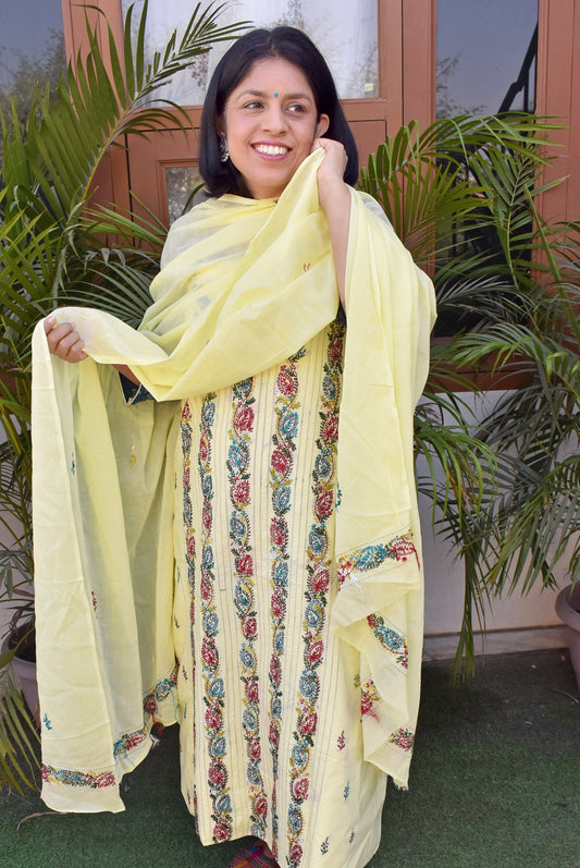 Elegant Intricate Handcrafted cotton unstitched suit fabric with Cutwork & Kashmiri embroidery