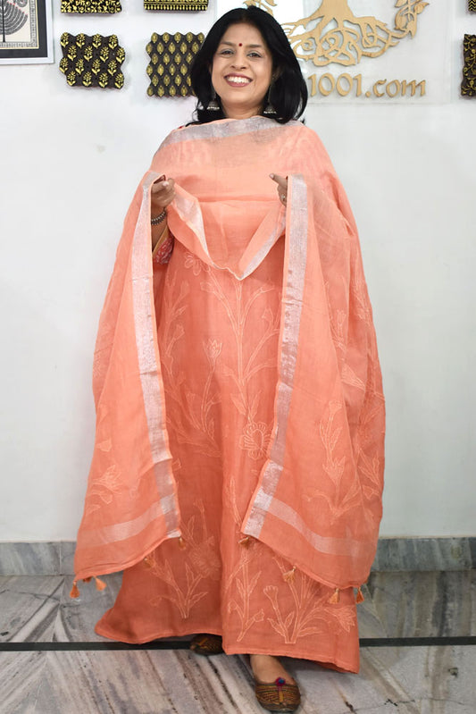 Beautiful Pure Linen suit with intricate embroidery on the kurta & dupatta and cotton silk bottom