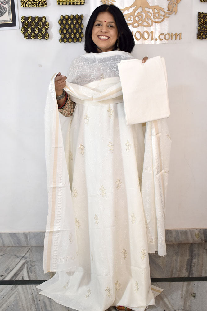 Beautiful Hand Block Printed Cotton unstitched suit fabric with Woven Borders Cotton dupatta