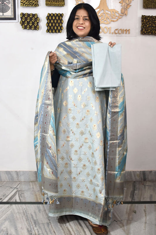 Beautiful Banarasi Katan silk unstitched suit fabric with Woven Booties
