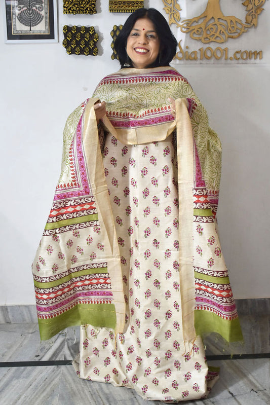 Elegant Hand Block printed Moonga Tussar Silk Kurta Dupatta Set