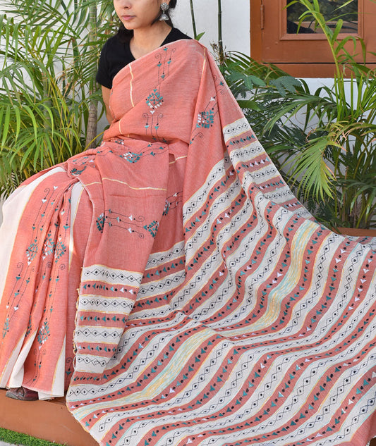 Elegant Handwoven Khesh Cotton Saree with Hand Kantha work