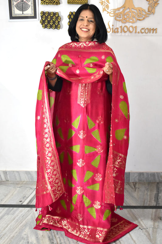 Designer Clamp Dyed Dola silk suit with woven bootis, neck pattern & borders - 3 pc suit