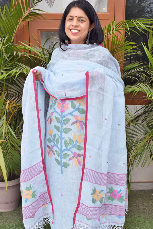 Kalakriti : Beautiful Hand Woven Pure Linen Jamdani Kurta Fabric & Dupatta set