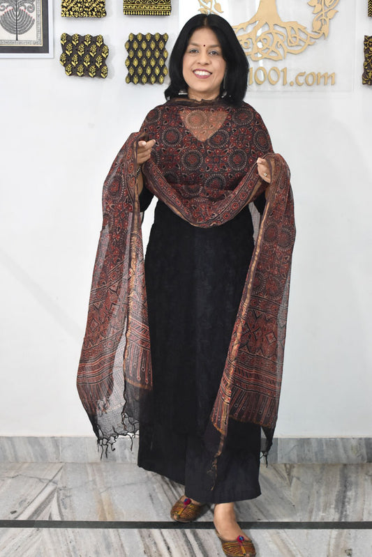 Beautiful  Ajrakh Hand Block Printed Kota Dupatta