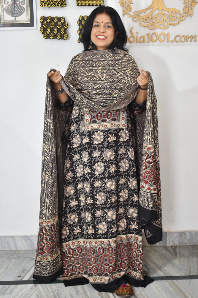 Beautiful Vanaspati Ajrakh Hand Block Printed Modal Silk set with bottom