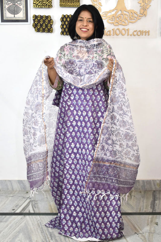 Beautiful Hand Block Printed Cotton unstitched suit fabric with Kota Doria Dupatta